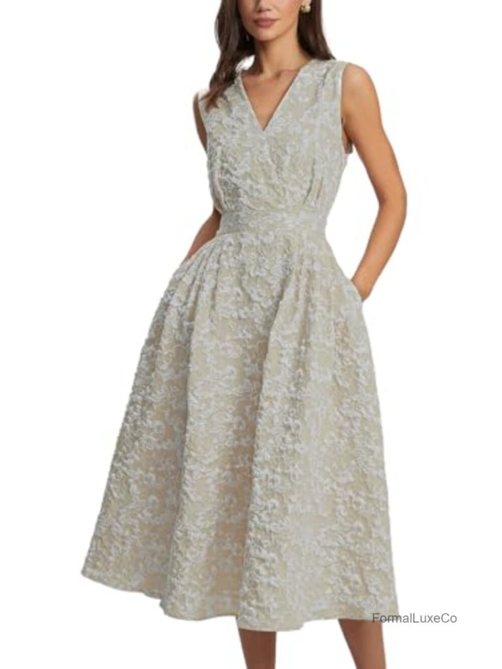 Sleeveless Floral Jacquard Midi Dress V-Neck A-Line with Pockets
